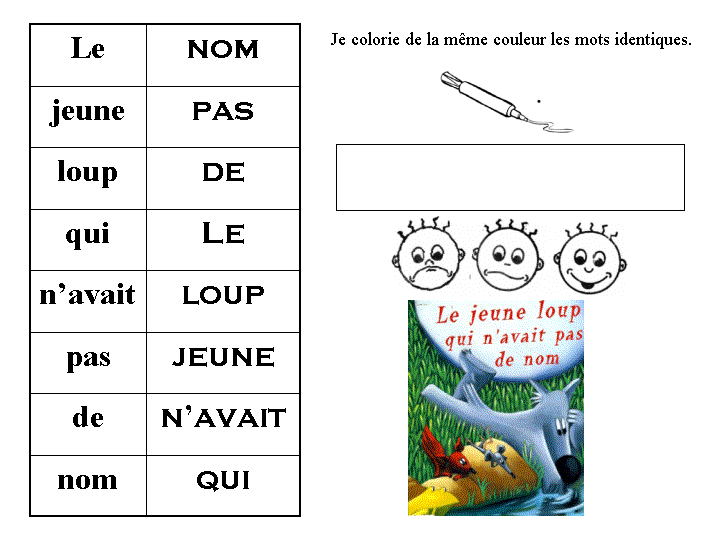 Maternelle Le jeune loup qui n’avait pas de nom, associer les mots du