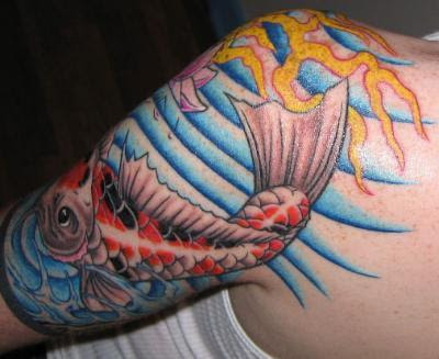 sleeve tattoo koi. Koi Fish and Water Lily Half Sleeve Tattoo