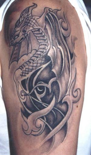 Royalty-free fantasy clipart picture of a black flying dragon tattoo design,
