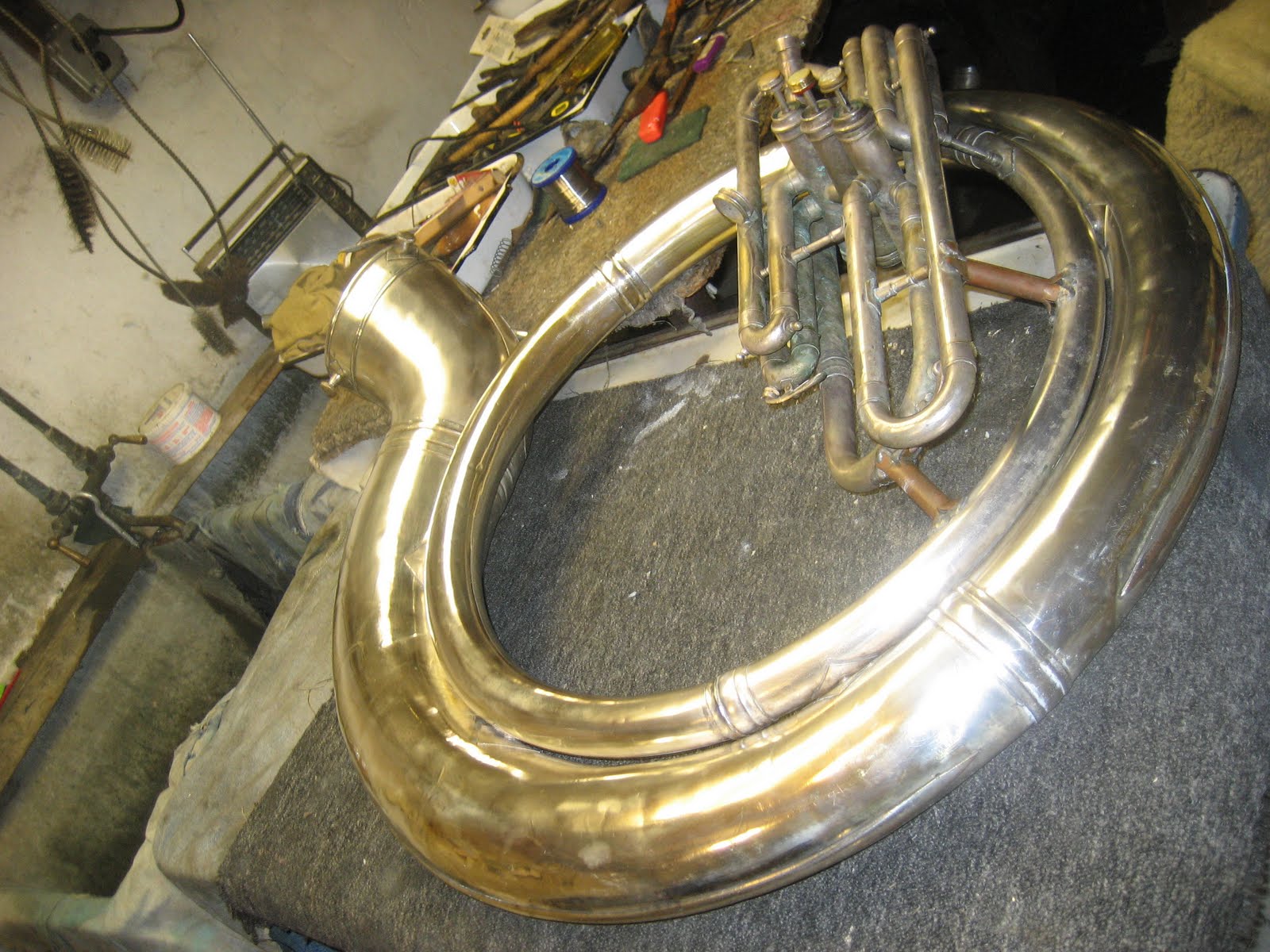 Harvs Happy Horns more King sousaphone Backed over By a Truck Repaired