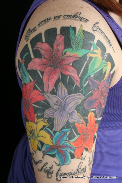 Lily Flowers and Hummingbird Arm Tattoo