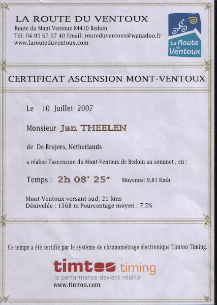 Het certificaat zoals dit na de afdaling wordt uitgegeven. The certificate recieved at the end.