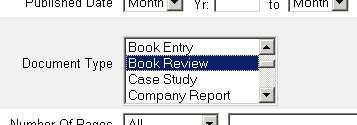 EBSCOhost document type option showing Book Review selection