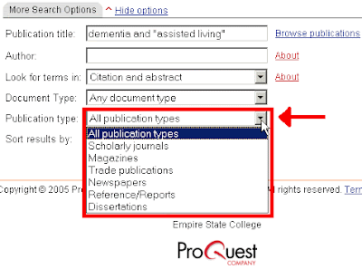 ProQuest publication type limit option