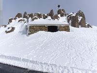 Summit shelter hut and pinnacle in snow, Mt Wellington - 18th August 2008