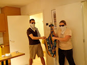 Spraying our clothes for Africa - don't worry, we actually sprayed outside, not in our apartment!