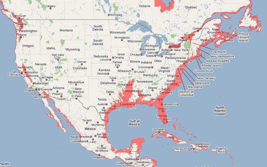 The 100 Metre Line 80m Sea Rise Maps for North America