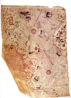 Mapa del almirante turco Piri Reis. En 1513 ya incluyó el subcontinente sudamericano, que no se descubrió sino tres años más tarde.