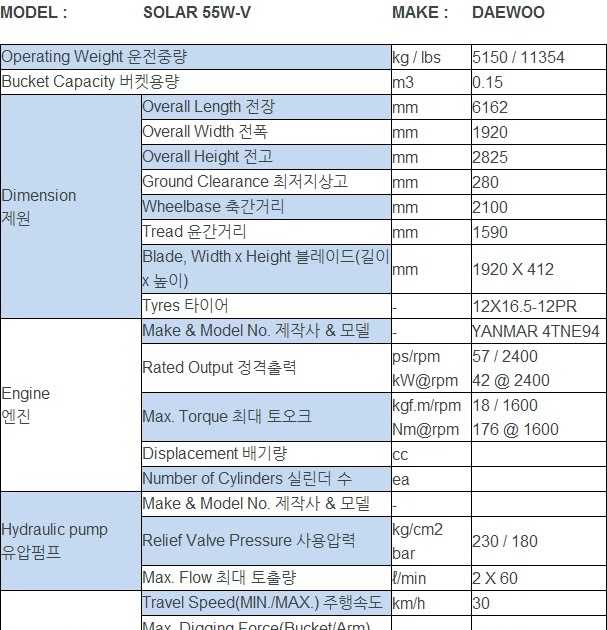 KOREA USED EXCAVATOR SALE DAEWOO Solar 55WV Specification