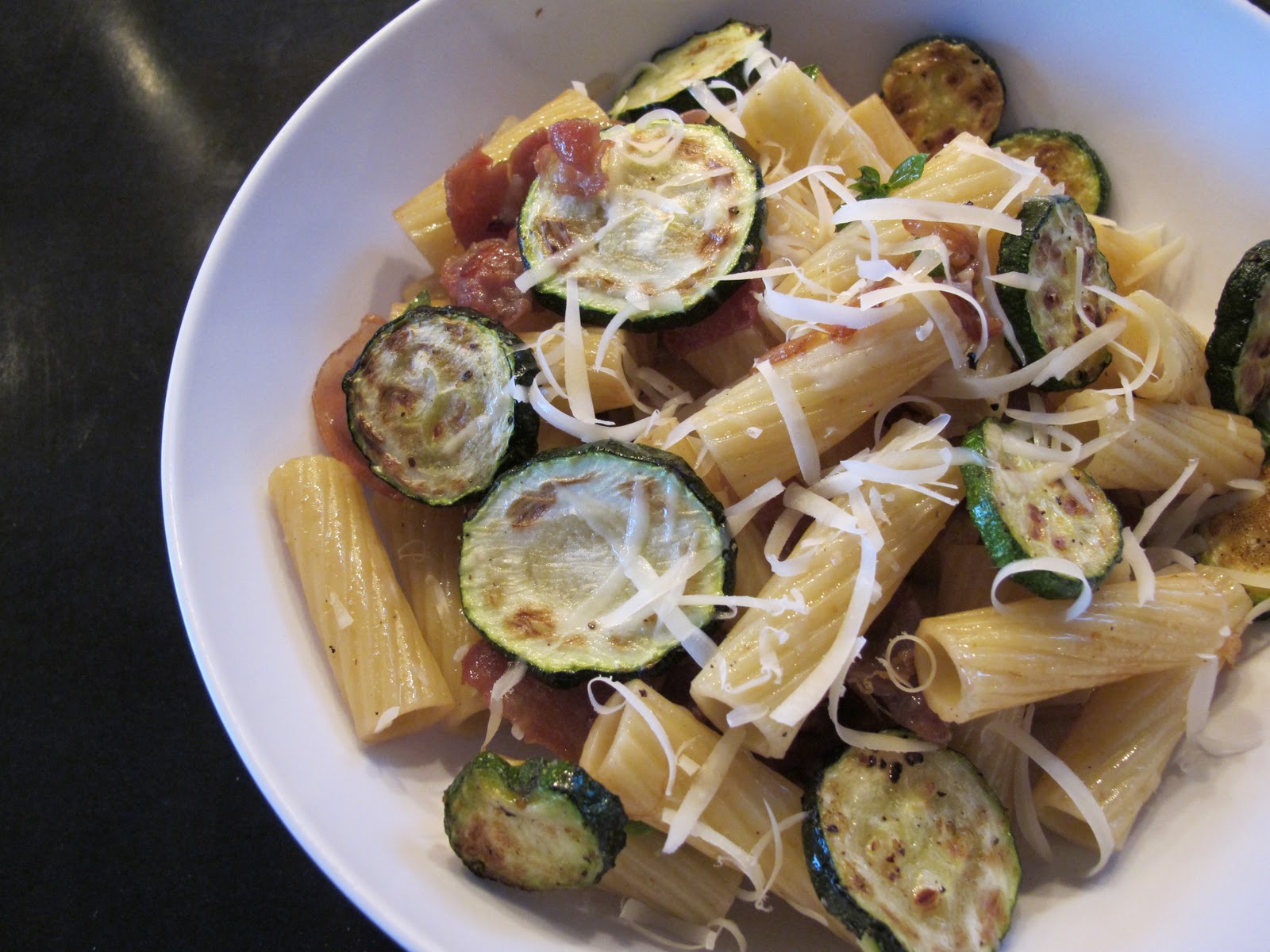 Obsessed with Dinner Rigatoni with Roasted Zucchini and Crispy Prosciutto