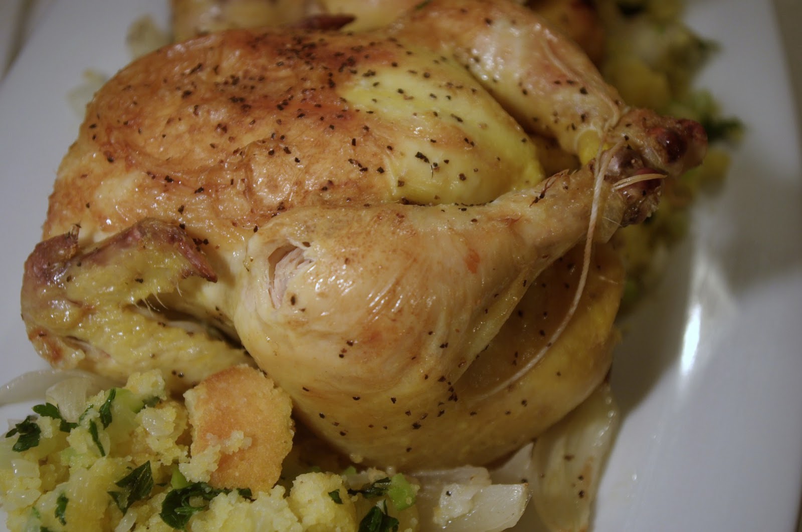 Cornish Hens Stuffed with Cornbread Stuffing Sprinkles of Parsley
