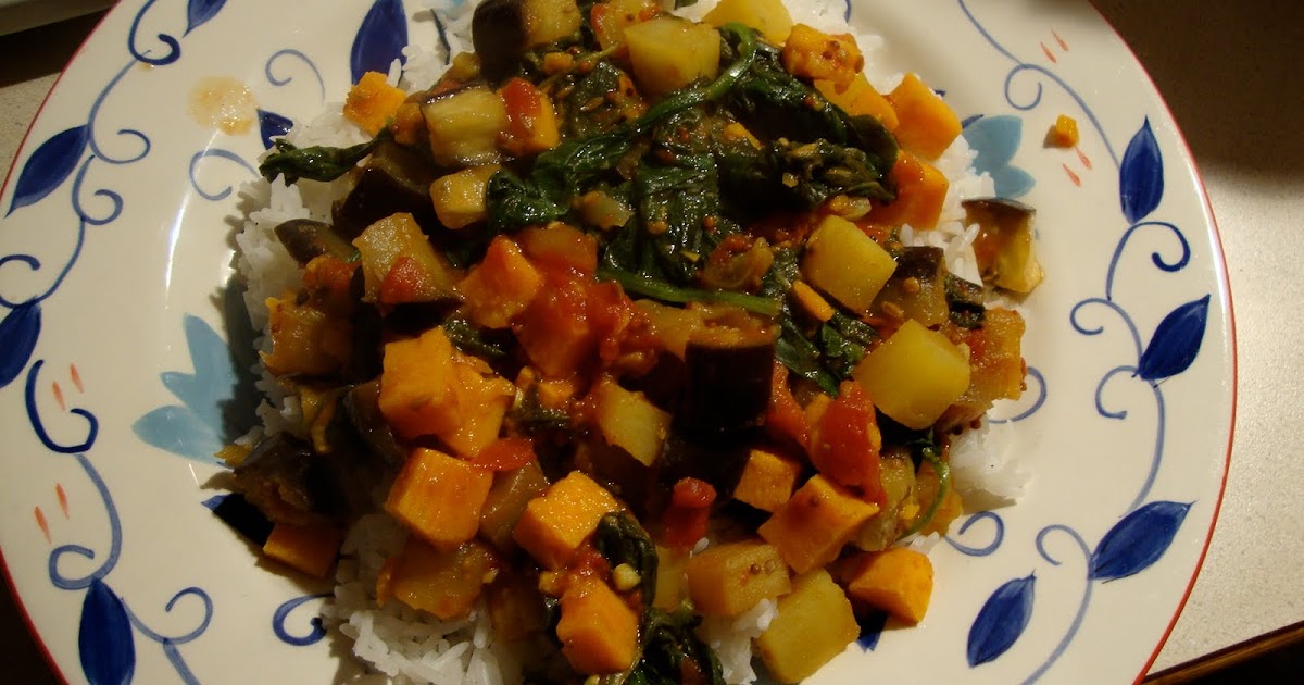 Hungry Vegan Sweet Potato, Eggplant , Tomato, and Spinach Curry