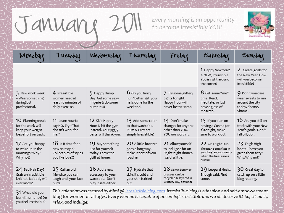 Free Download - Irresistibly You January 2011 Calendar - Irresistible Icing