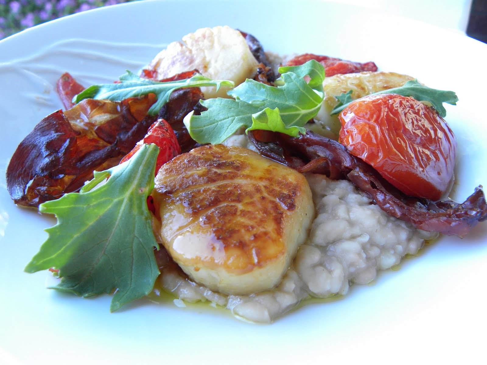 Cookbook Cooking Seared Scallops and Crispy Prosciutto with Roasted