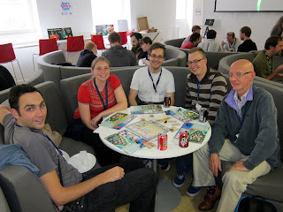 James, Rowena, Jurek and Andrew plus me - learning over and enjoying the board game Peurto Rico