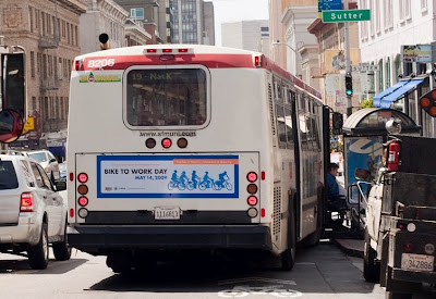 Image of MUNI bus in San Francisco with Bike to Work Day ad