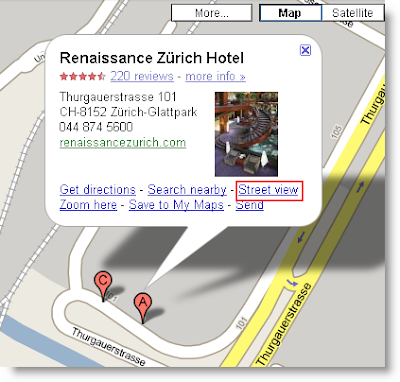 Ein Maps-Screenshot zeigt eine Karte mit einem Popup, das auf ein Hotel hinweist und Adresse sowie Telefonnummer beinhaltet