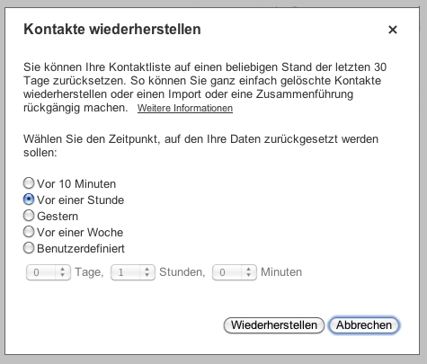 Ein Screenshot zeigt ein Fenster zum Wiederherstellen von Kontakten.