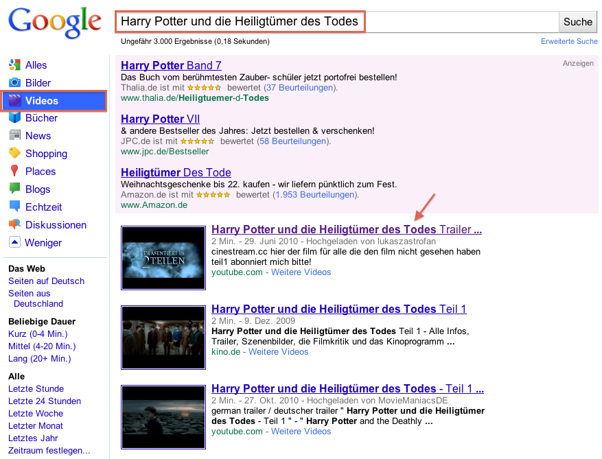 Screenshot von Video-Ergebnissen in der Google Suche bei der Suche nach Harry Potter Filmen