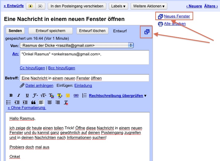 Ein Screenshot zeigt eine Mail mit roten Kreisen über den buttons, die man klicken muss um die Email in einem neuen Fenster zu öffnen.