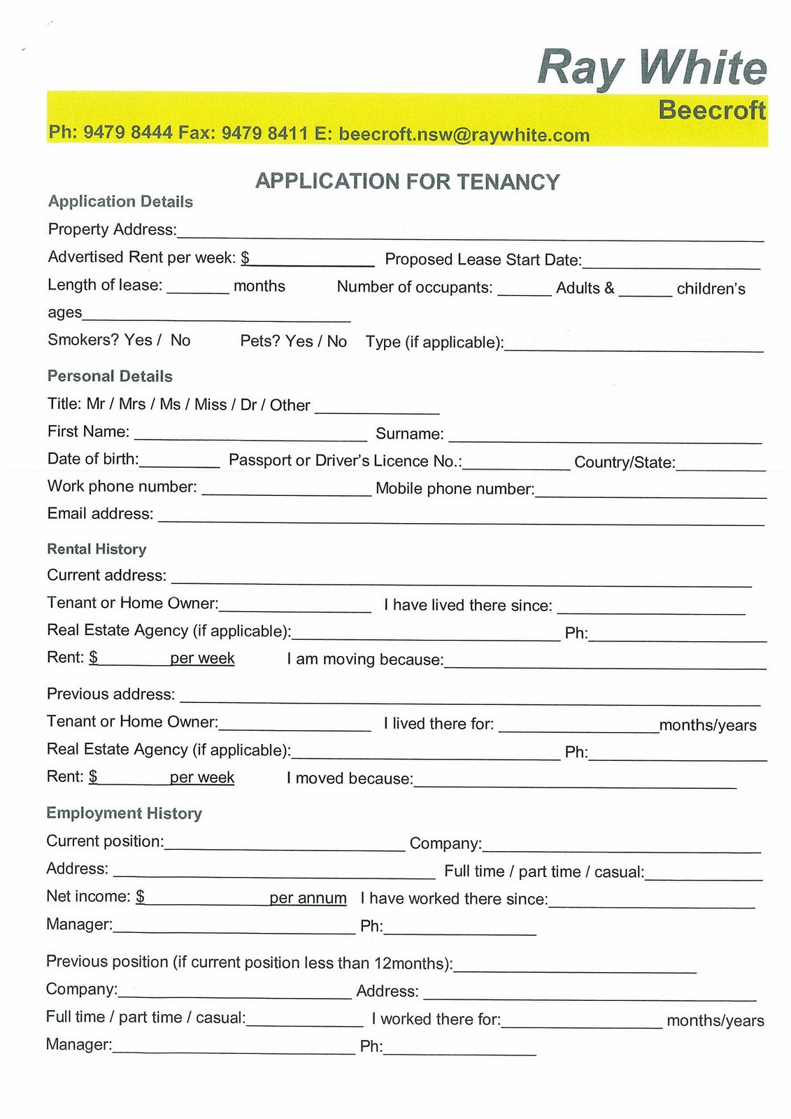 Ray White Beecroft Real Estate Application for Tenancy