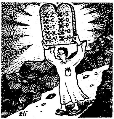 Cartoon of a bespectacled geek descending from a mountain holding a double tablet, a la Moses, except its content is the Mac command key symbol followed by Z, C, Q, etc.