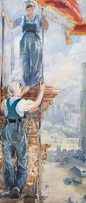 Painting showing one woman standing on a ledge above another