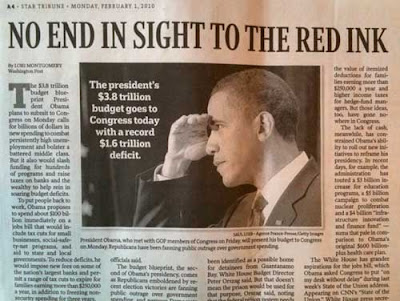 Photo of Obama with hand along his brow as if peering into the distance of shading his eyes from a bright light, with a story whose headline reads No End in Sight to the Red Ink