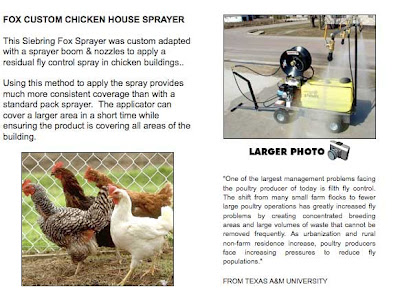 Photo of a yellow tank on wheels with a sprayer, plus some chickens and text