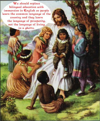 Jesus telling children bilingual education is bad because it it teaches living in the ghetto, not prosperity