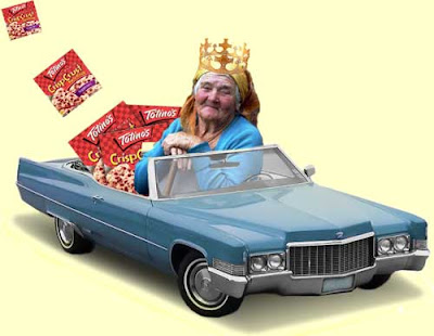 Apple-cheeked grandma woman with a gold crown, riding in a Cadillac stuffed with frozen pizza boxes