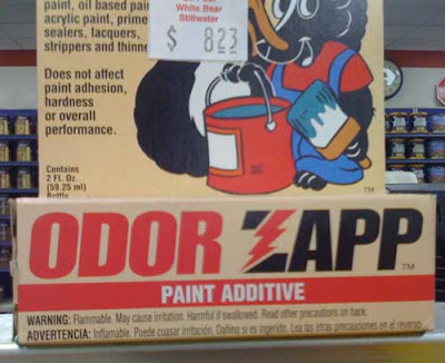 Small box labeled ODOR ZAPP where the Z's angled stroke is replaced by a red lightning bolt