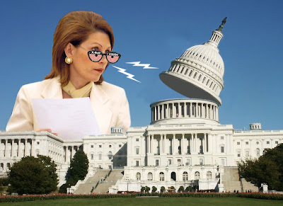 Photo collage of Michele Bachmann with xray specs looking into the Capitol dome