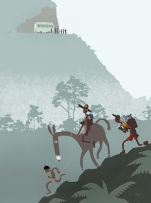 Nonliteral illustration of a figure riding on a burro as it is led downhill by a running, nearly naked child. Followed by a hiker with a bulldog in his backpack. Through layers of mist, a bus is unloading more tourists up on a hill in the background