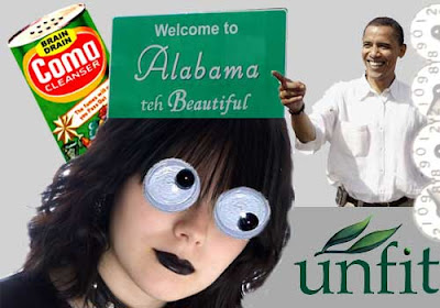Collage of a goth chick with googly eyes, an Alabama sign, Barack Obama laughing at it, an electric meter, the UNFI logo changed into unfit