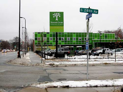 The green exterior of the new Seward Co-op