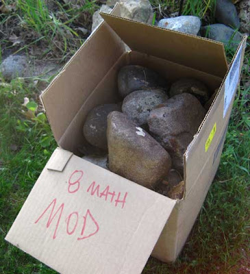 Cardboard box full of small river boulders