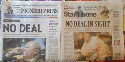 Pioneer Press and Star Tribune front pages with almost identical photos and headlines