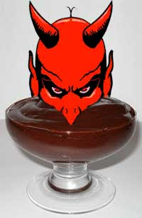 Collage of a red devil's head immersed in a serving of chocolate pudding