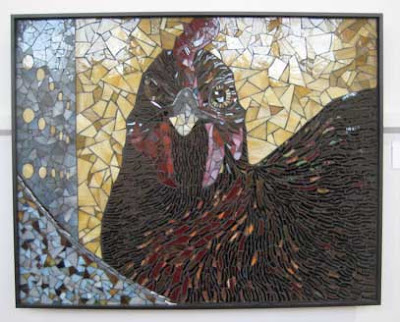Stain glass mosaic of a dark-feathered chicken