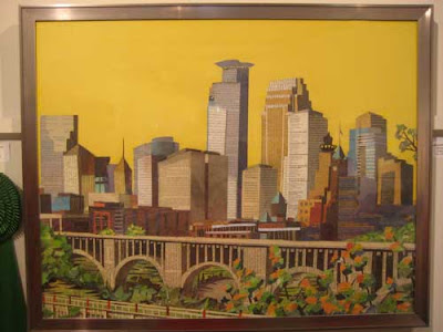 Downtown Minneapolis in yellows, tans, greens and browns