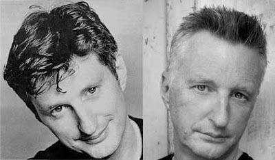 Black and white photos of Billy Bragg 1980s juxtaposed with Billy Bragg late 2000s