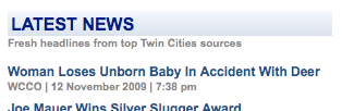 WCCO headline from Newsbobber, reading Woman loses unborn child in accident with deer