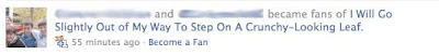 Facebook update, reading Name and Name became fans of I will go slightly out of my way to step on a crunchy leaf