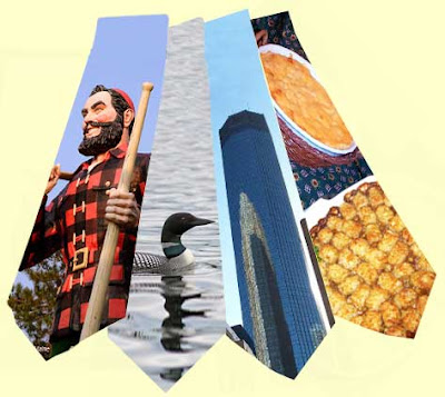 Four ties with Paul Bunyan, a loon, IDS tower and hot dishes on them