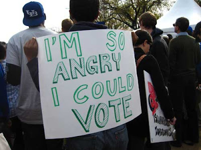 I'm so angry I could vote, black marker on yellow poster board