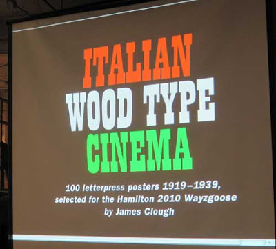 Red, green and white wood type title reading Italian Wood Type Cinema