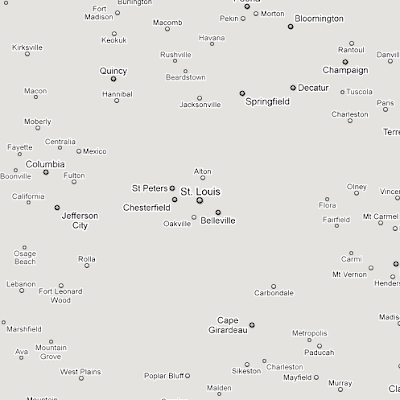 Google map without map info, showing city names with a large open space around St. Louis