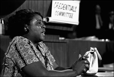 Black and white photo of Fannie Lou Hamer testifying before the credentials committee