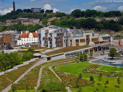 Photo of the Scottish Parliament building, shot from Arthur's Seat